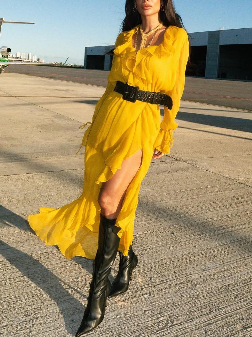 Ruffled Wrap Yellow Midi Dress