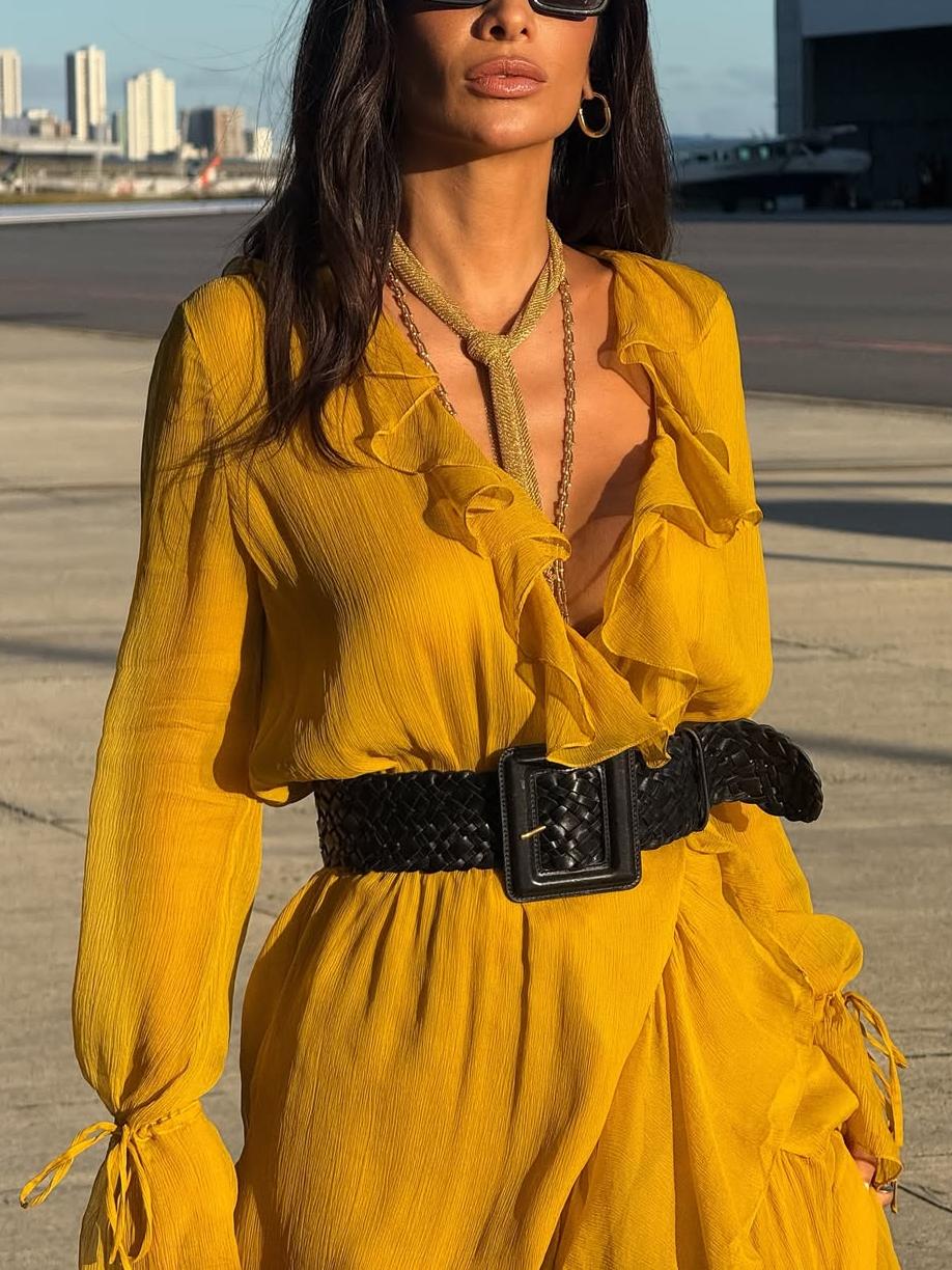 Ruffled Wrap Yellow Midi Dress