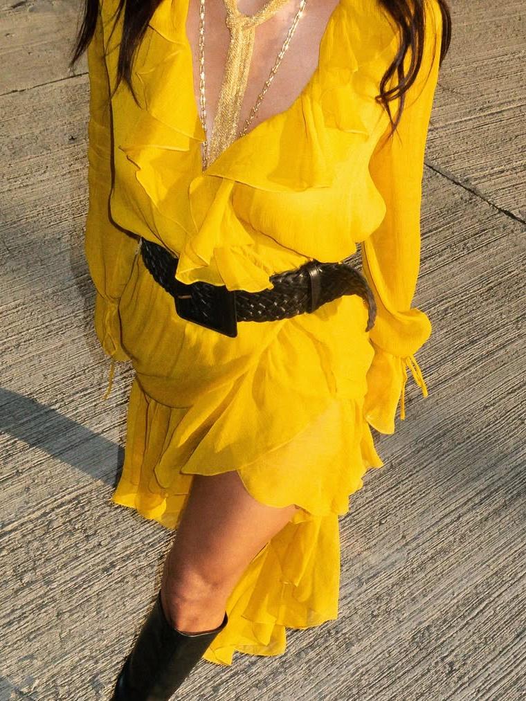 Ruffled Wrap Yellow Midi Dress
