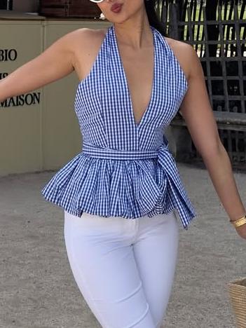 Stylish Blue Gingham Peplum Crop Top