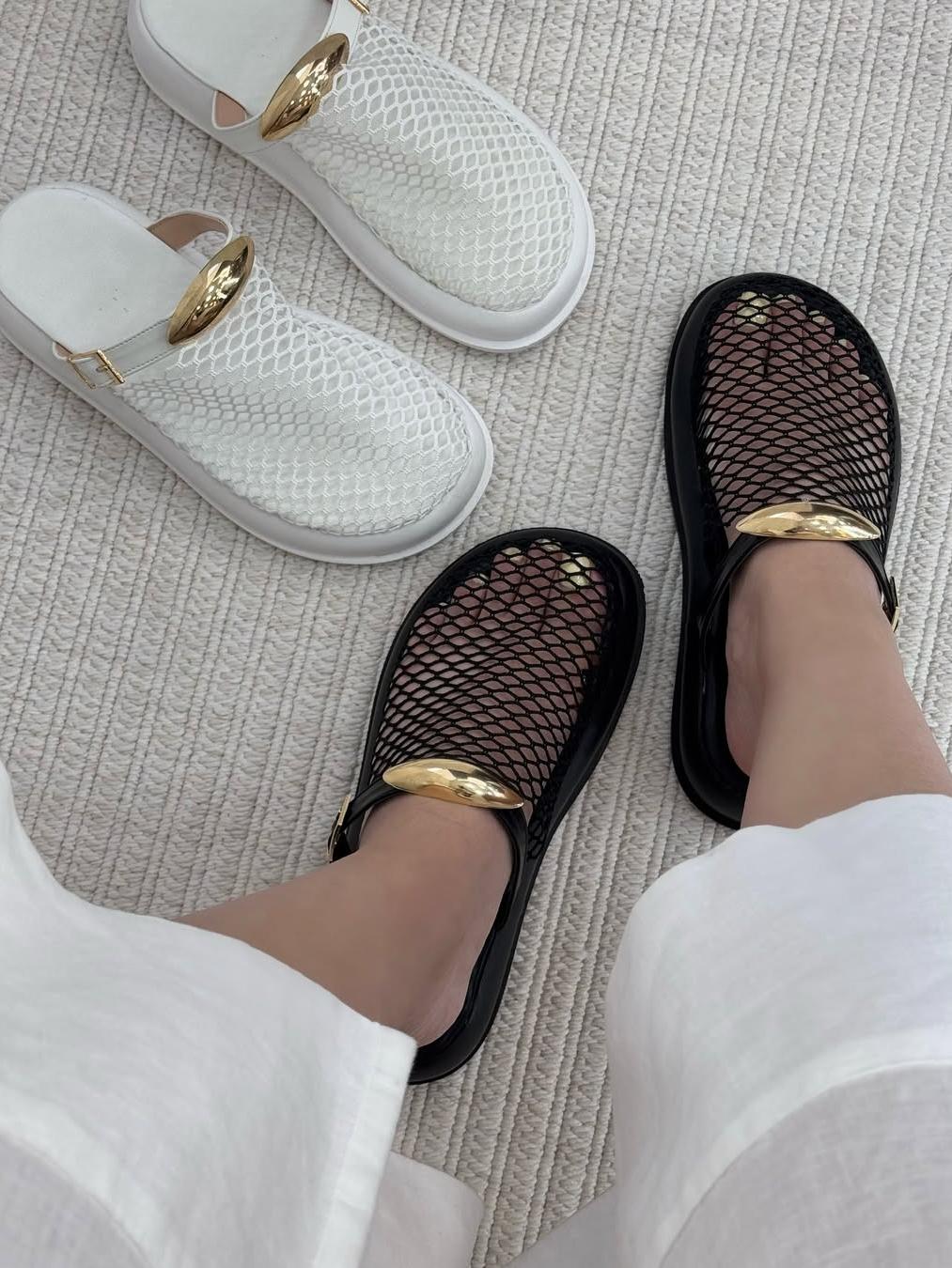 Woven Mesh Cutout Metal Trim Flat Sandals
