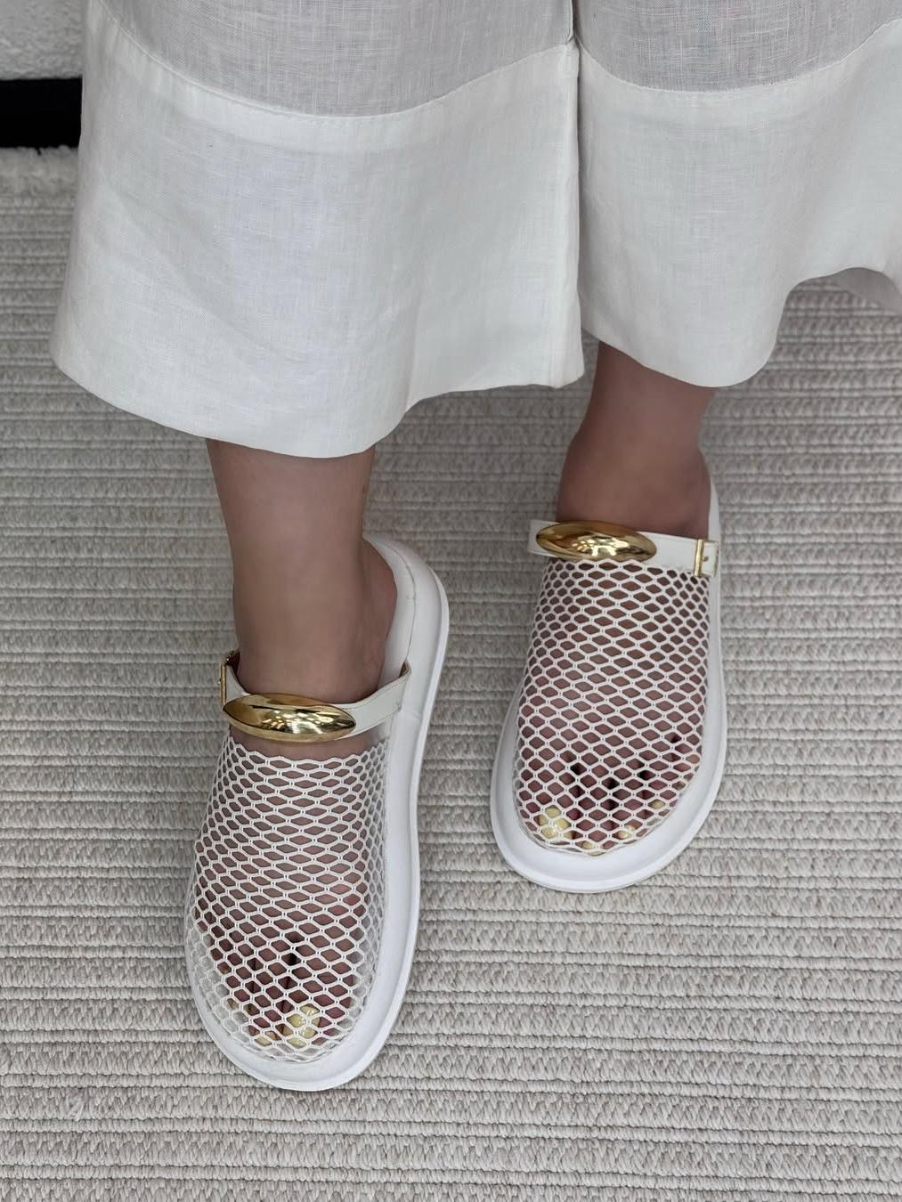 Woven Mesh Cutout Metal Trim Flat Sandals