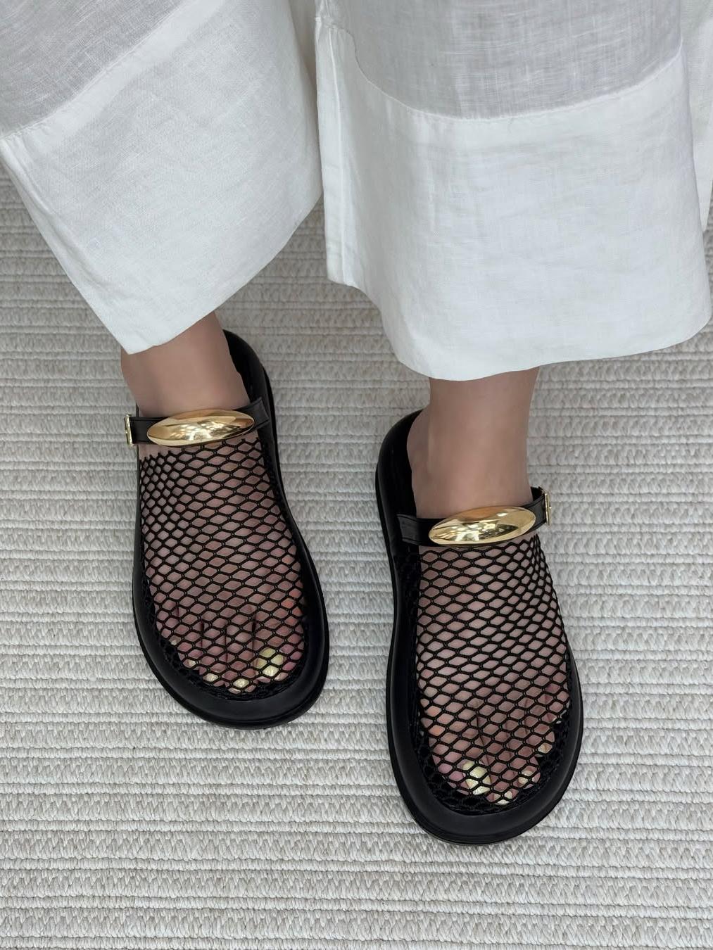 Woven Mesh Cutout Metal Trim Flat Sandals