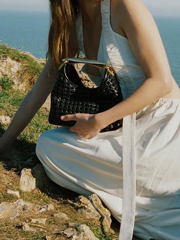 Mini Woven Leather Boomerang Bag