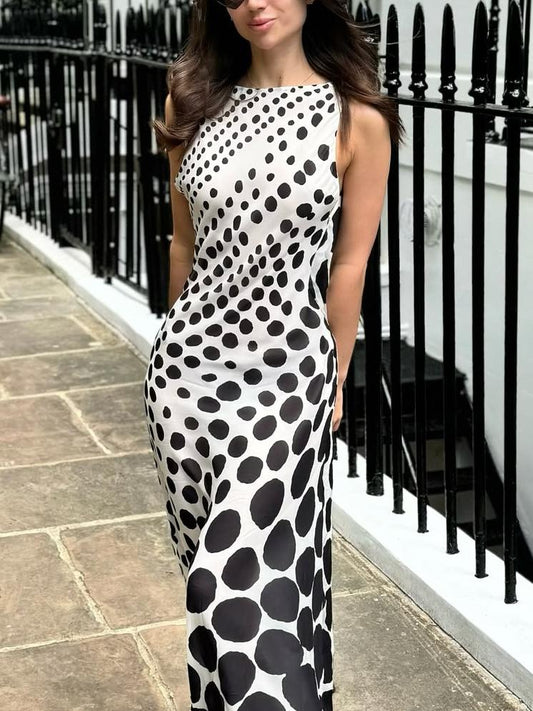 Elegant Polka - dot Open Back Maxi Dress