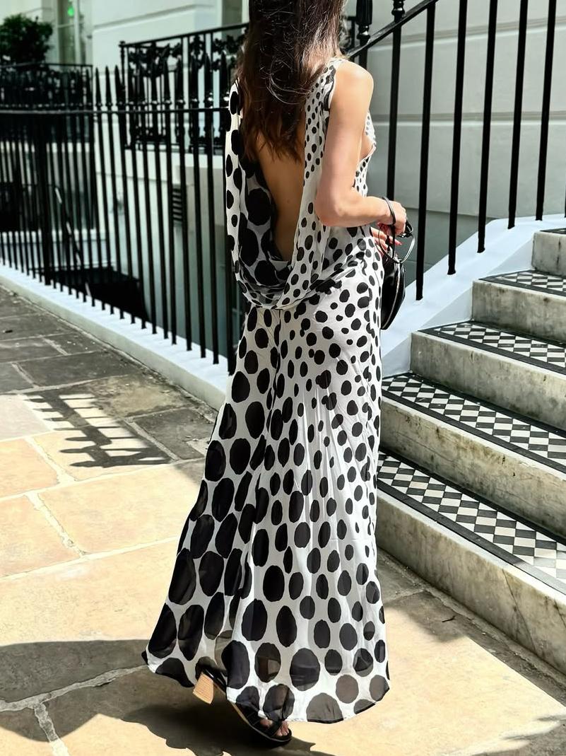 Elegant Polka - dot Open Back Maxi Dress
