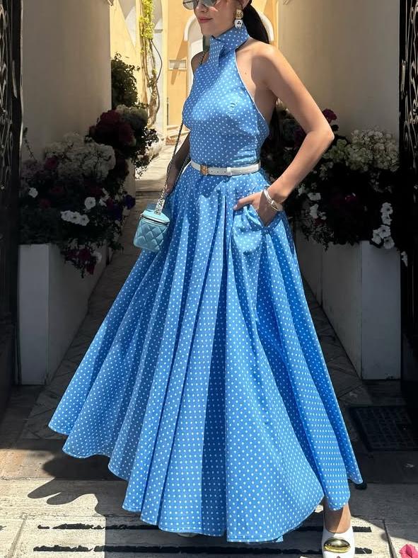 Elegant Halter - neck Polka - dot Dress