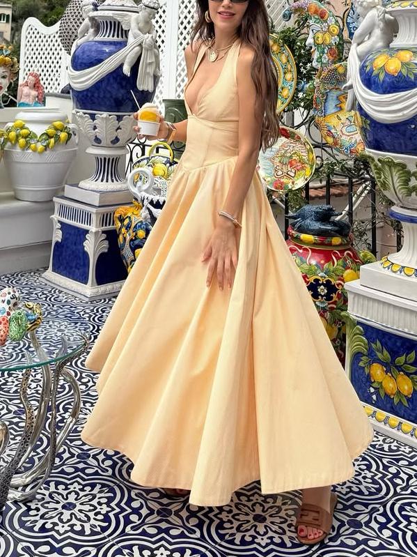 Elegant Retro - style Light Yellow Maxi Dress