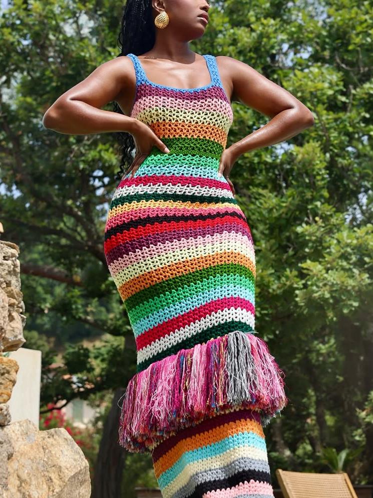 Knitted Tassel Color Sling Dress