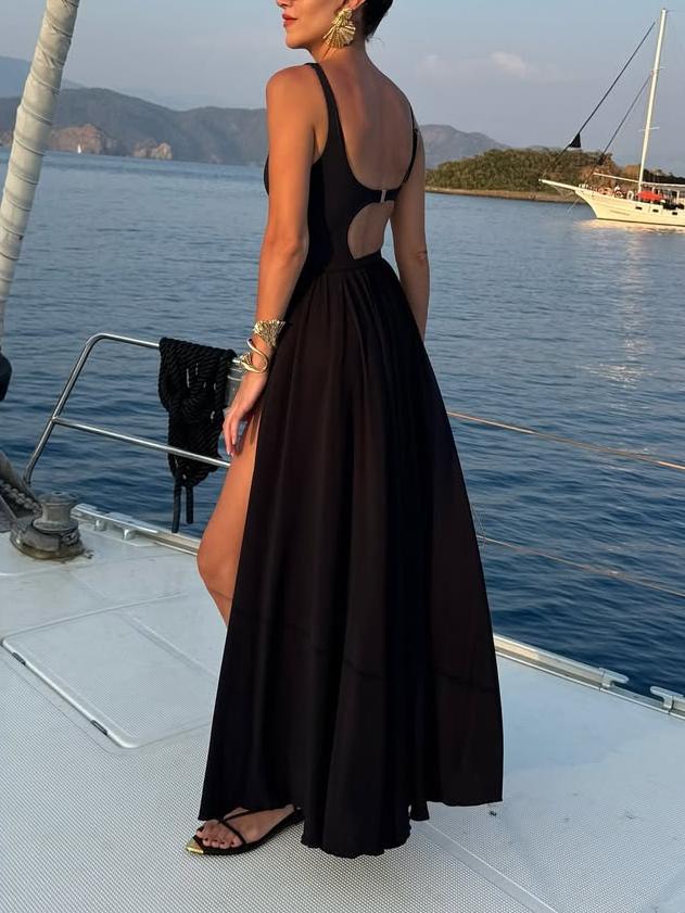 Elegant Black One - Piece Swimsuit with Cut - Out and Slit Skirt
