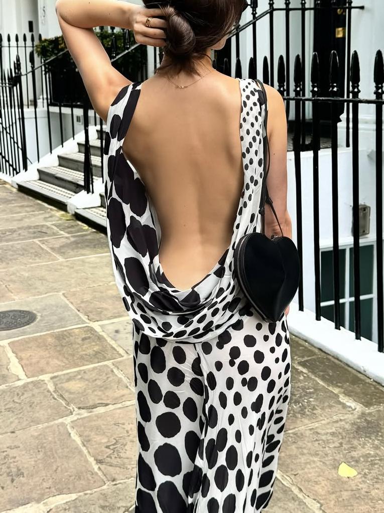 Elegant Polka - dot Open Back Maxi Dress