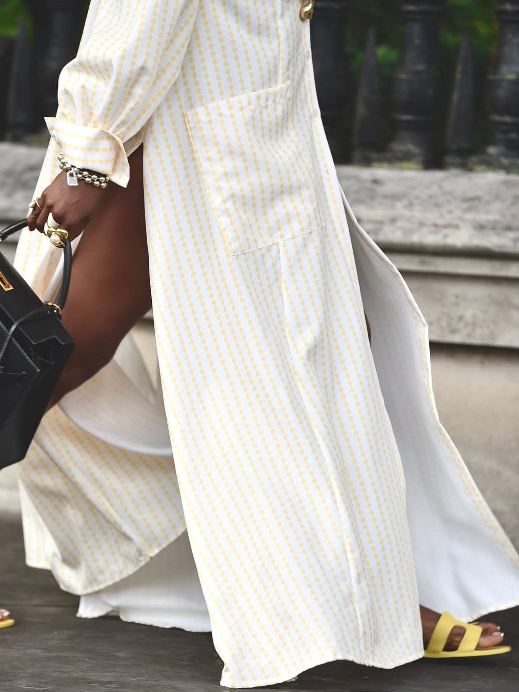 Yellow & White Diamond Stripes Maxi Flared Shirt Dress