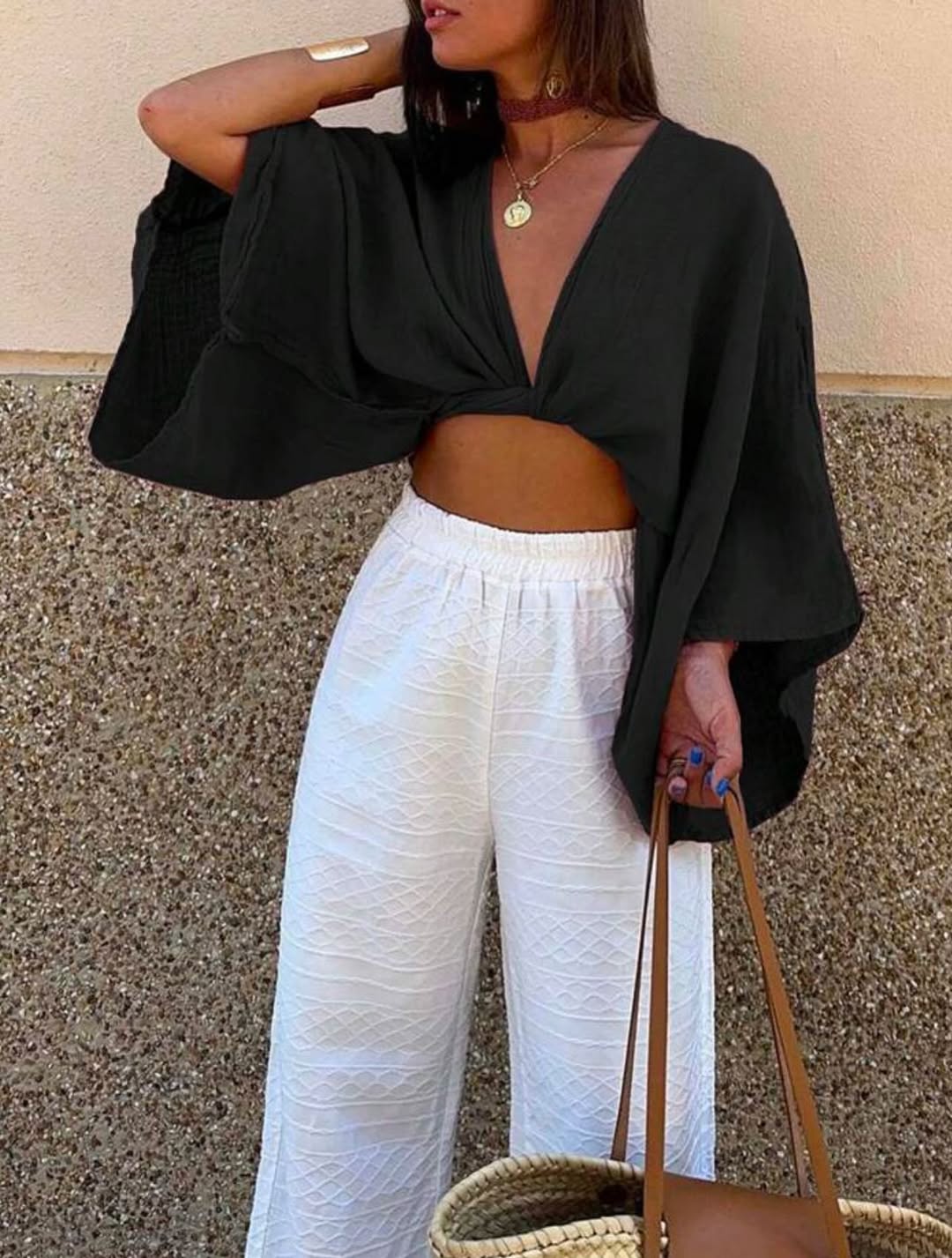 Stylish Black Crop Top with Flared Sleeves