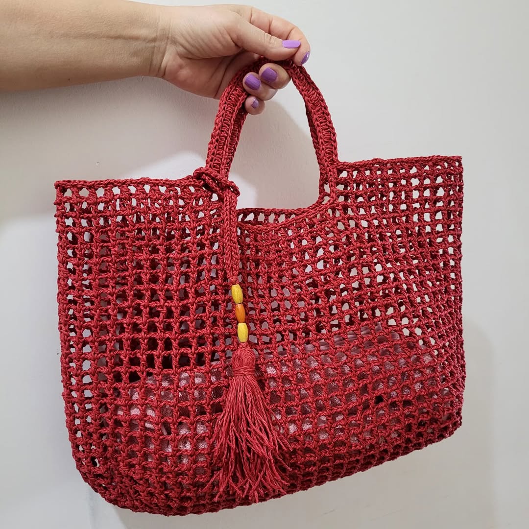 Stylish Beaded Tassel Red Crochet Tote Bag