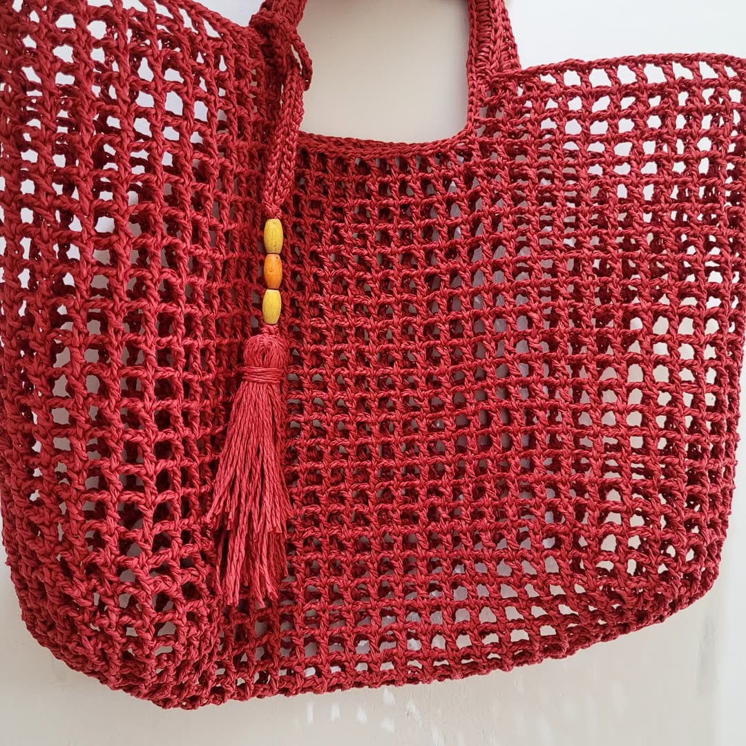 Stylish Beaded Tassel Red Crochet Tote Bag