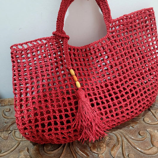 Stylish Beaded Tassel Red Crochet Tote Bag