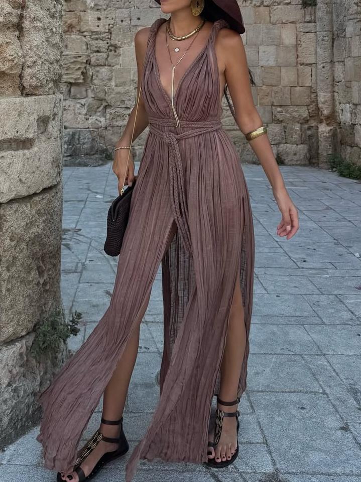 Elegant Brown Maxi Dress with Deep V - Neck and Slits