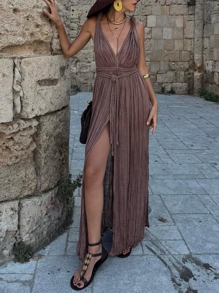 Elegant Brown Maxi Dress with Deep V - Neck and Slits