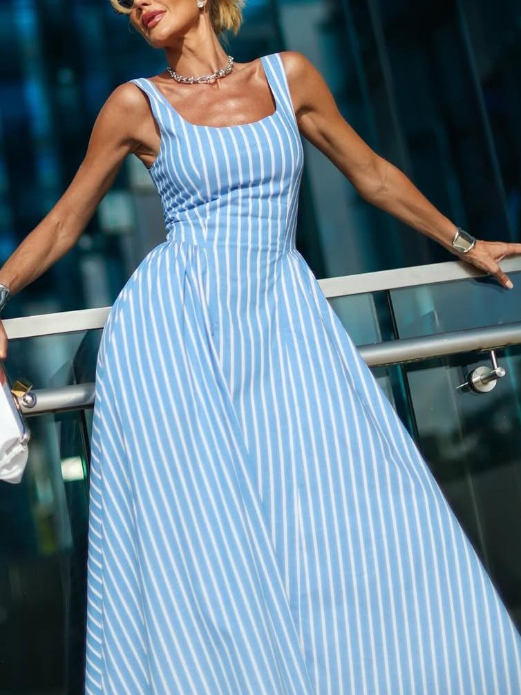 Chic Square - Neck Blue Striped Sundress