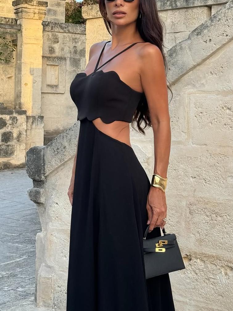 Elegant Black Strapless Maxi Dress with Cut - Out Design
