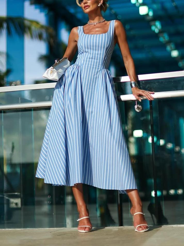 Chic Square - Neck Blue Striped Sundress