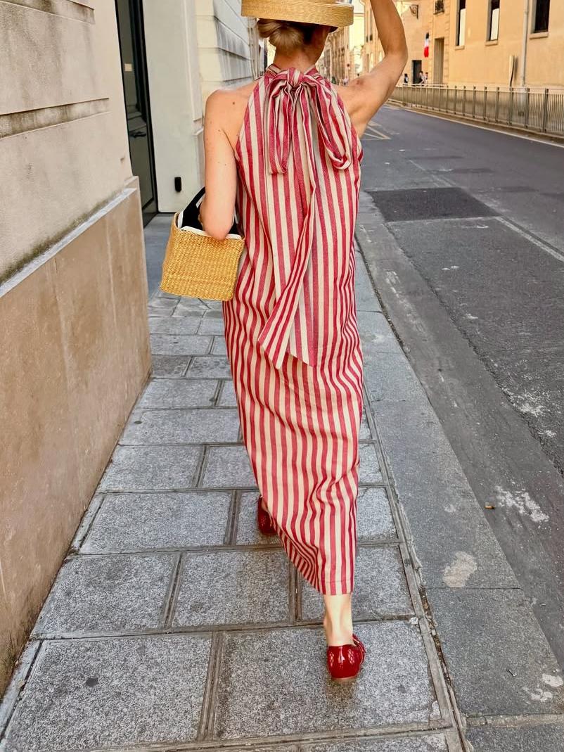 Elegant Halter - Neck Striped Maxi Dress