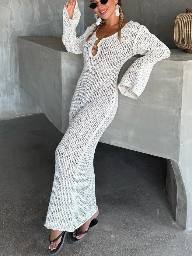 Elegant White Crochet Maxi Dress