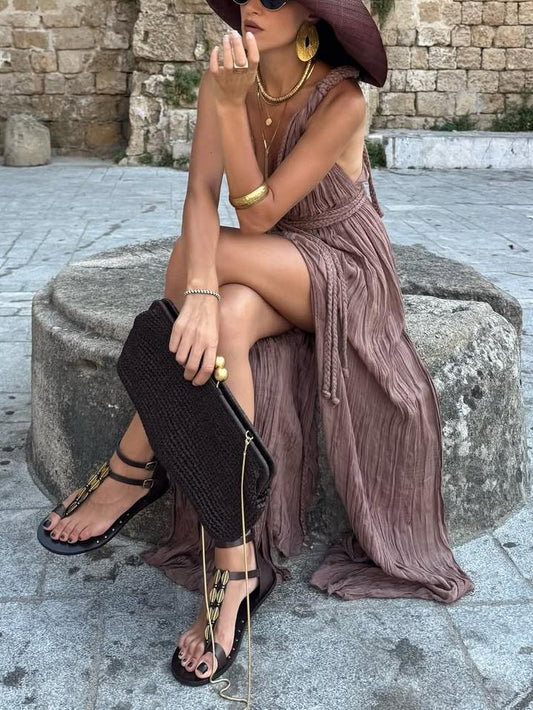 Elegant Brown Maxi Dress with Deep V - Neck and Slits