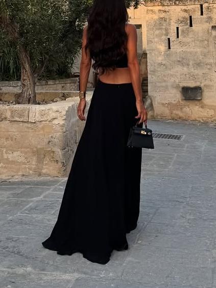 Elegant Black Strapless Maxi Dress with Cut - Out Design