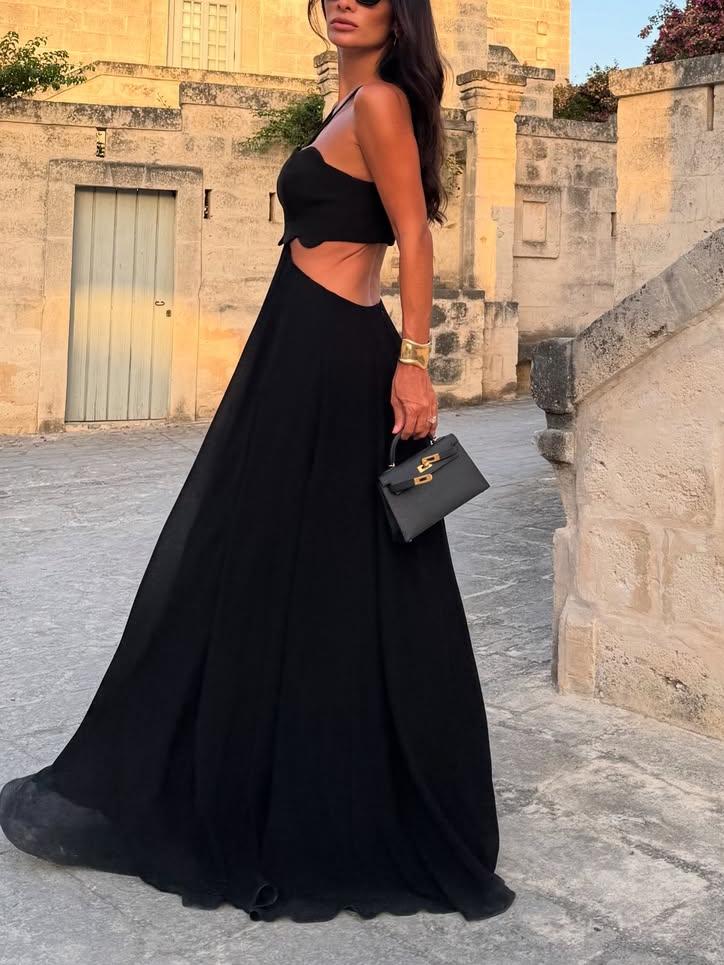 Elegant Black Strapless Maxi Dress with Cut - Out Design