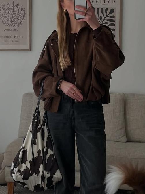 Suede Bomber Zipper Pilot Oversized Jacket