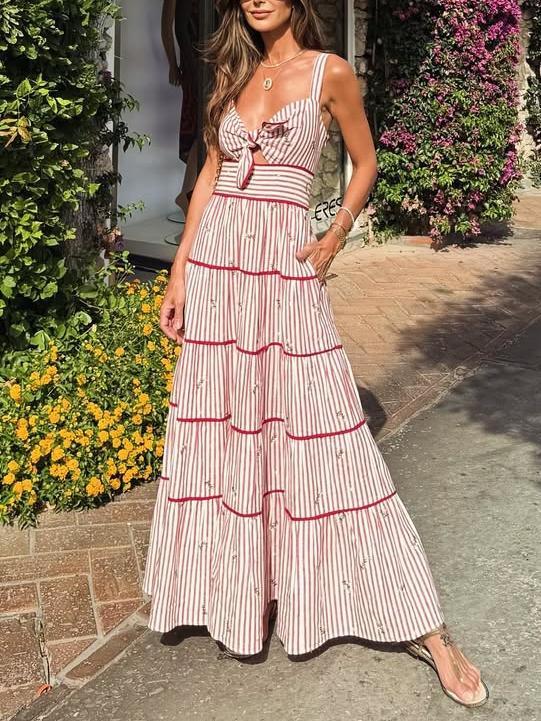 Stylish Strappy Maxi Dress with Tie - Front and Tiered Design