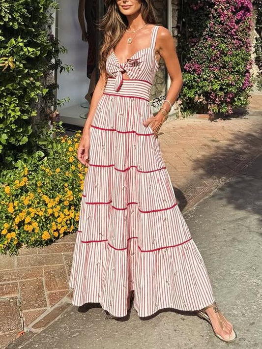 Stylish Strappy Maxi Dress with Tie - Front and Tiered Design