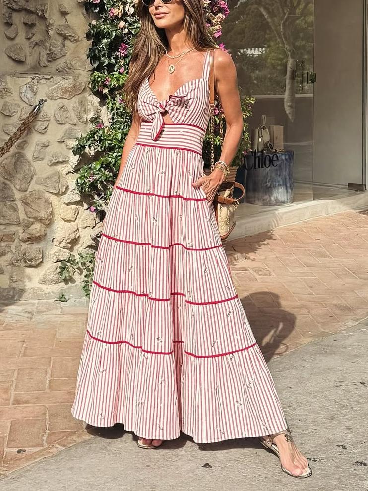 Stylish Strappy Maxi Dress with Tie - Front and Tiered Design