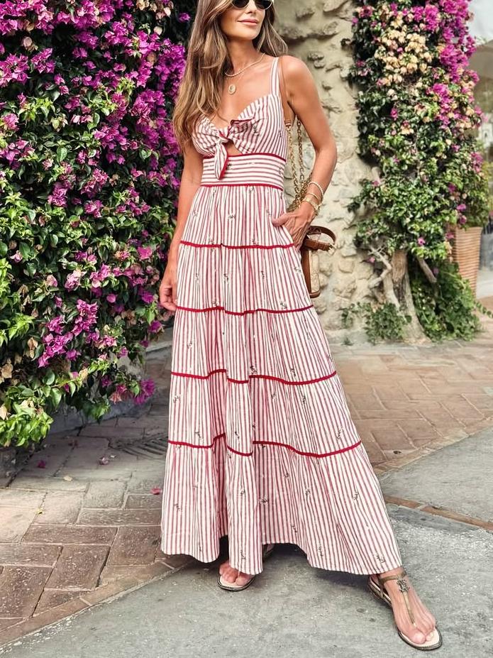 Stylish Strappy Maxi Dress with Tie - Front and Tiered Design