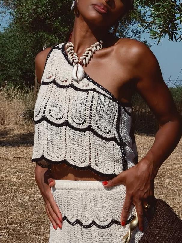 Elegant Knit One - Shoulder Crop Top and Mermaid - Style Skirt Two - Piece Set