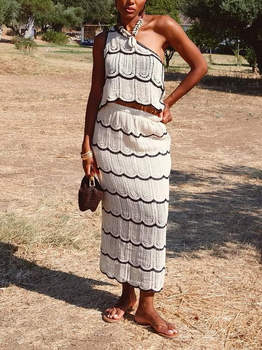Elegant Knit One - Shoulder Crop Top and Mermaid - Style Skirt Two - Piece Set