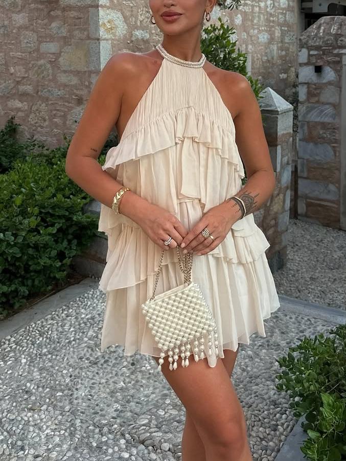 Elegant Halter - Neck Tiered Mini Dress