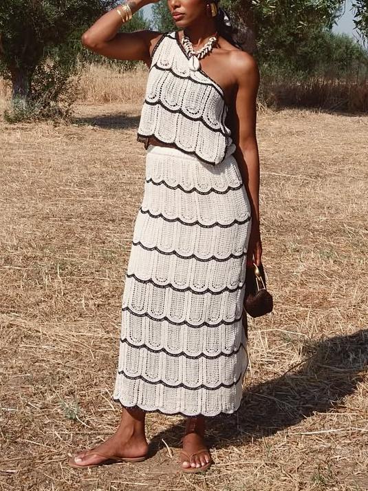 Elegant Knit One - Shoulder Crop Top and Mermaid - Style Skirt Two - Piece Set