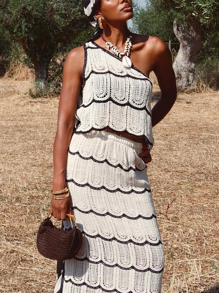 Elegant Knit One - Shoulder Crop Top and Mermaid - Style Skirt Two - Piece Set