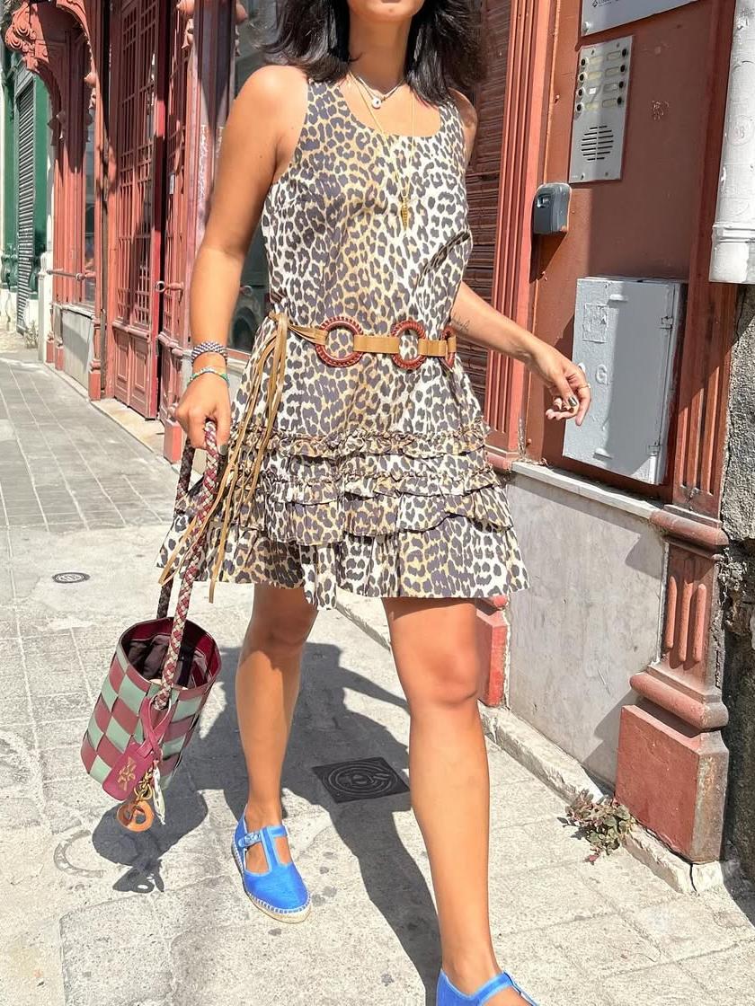 Stylish Leopard - Print Ruffle Hem Mini Dress
