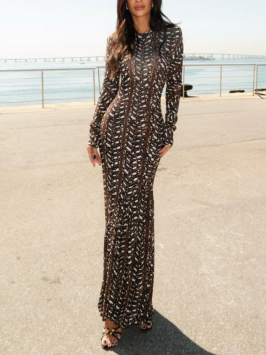 Unique Patterns Long - sleeved Maxi Dress