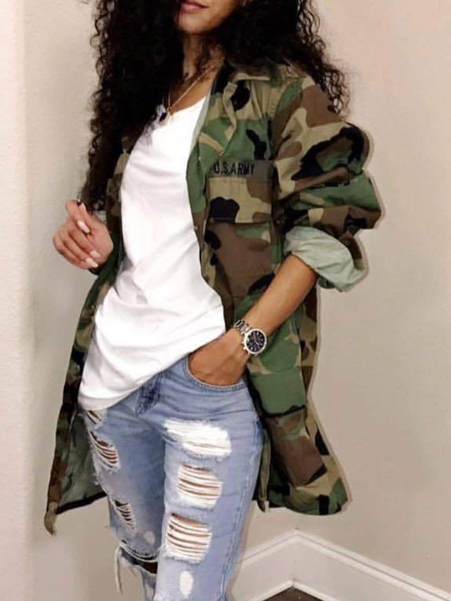 Camouflage Print Pockets Coat