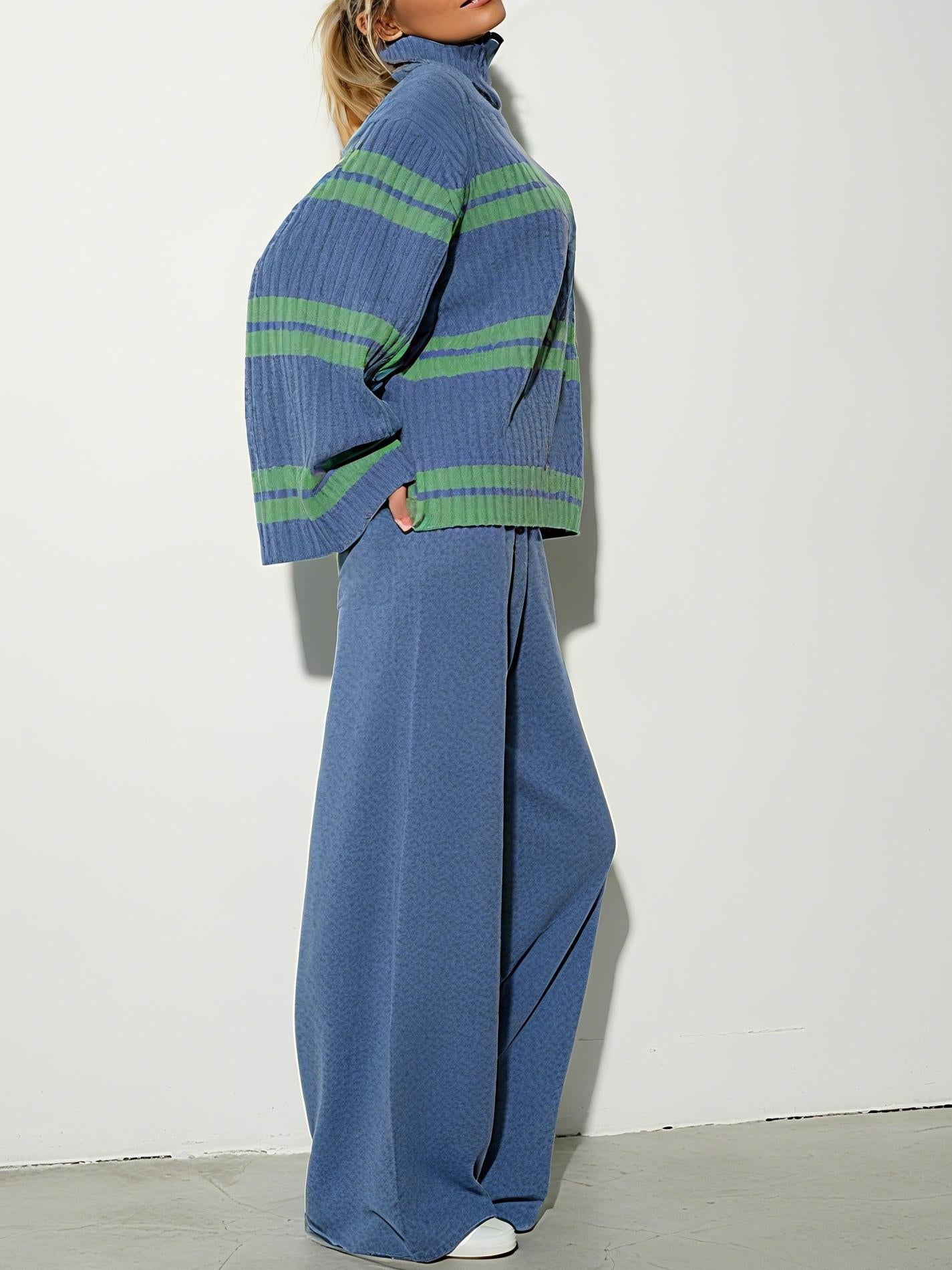 Blue and Green Stripes Chic Turtleneck Sweater