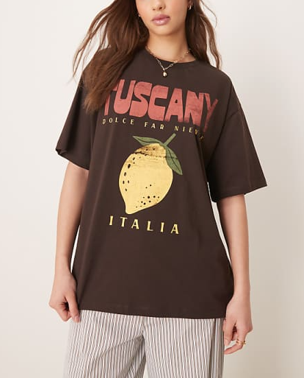 Tuscan Lemon Print Stylish Brown T - shirt