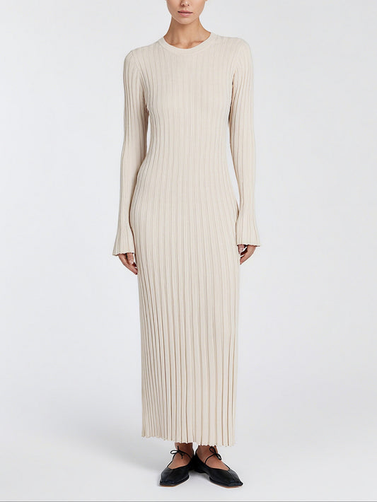 Elegant Stone Sleeved Knit Maxi Dress