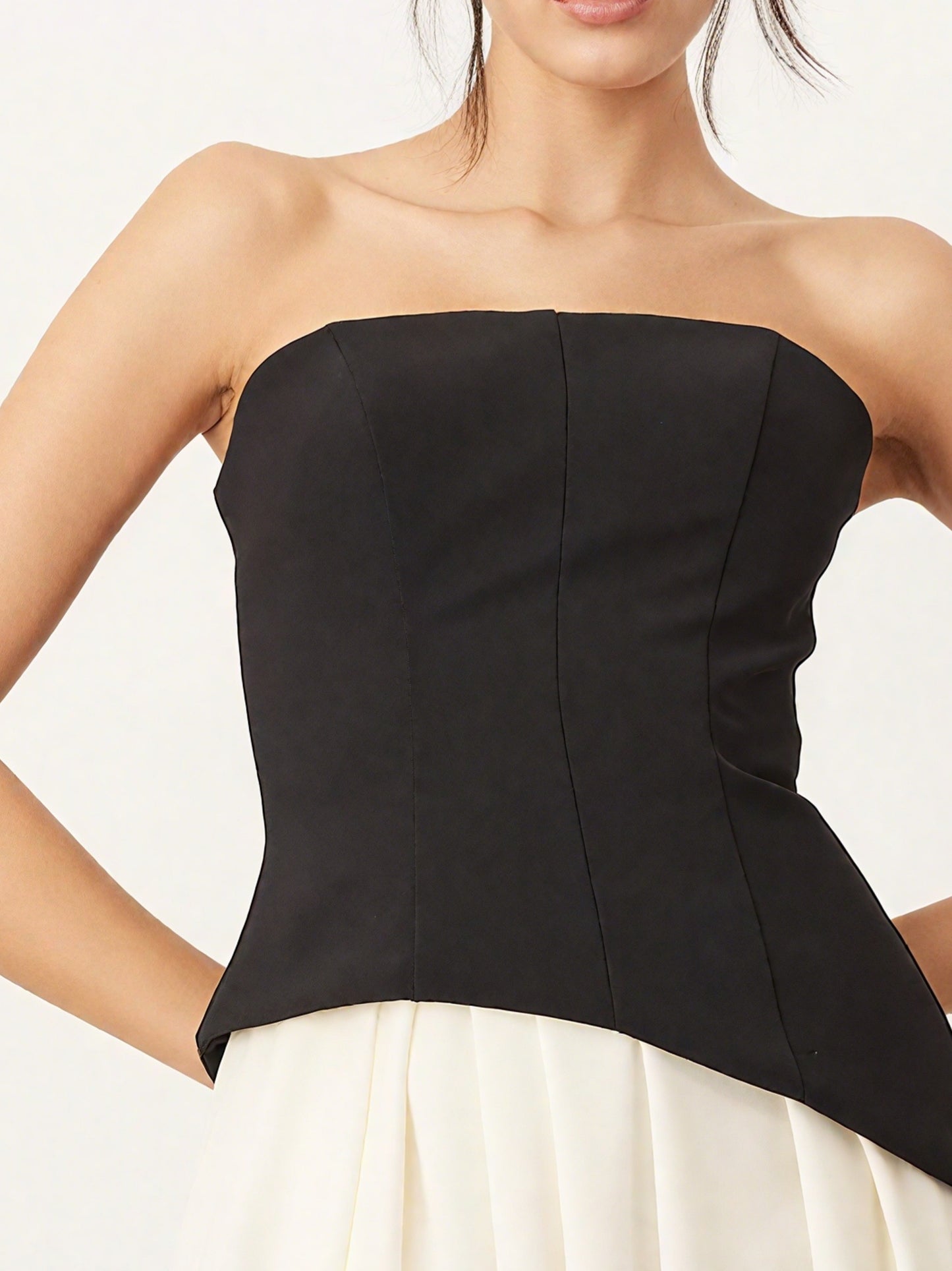 Sculpted Bandeau with Drape Tulip Skirt Midi Dress in Contrast Mono