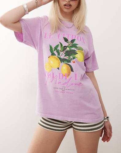 Chic Lemon Print Lavender T - shirt
