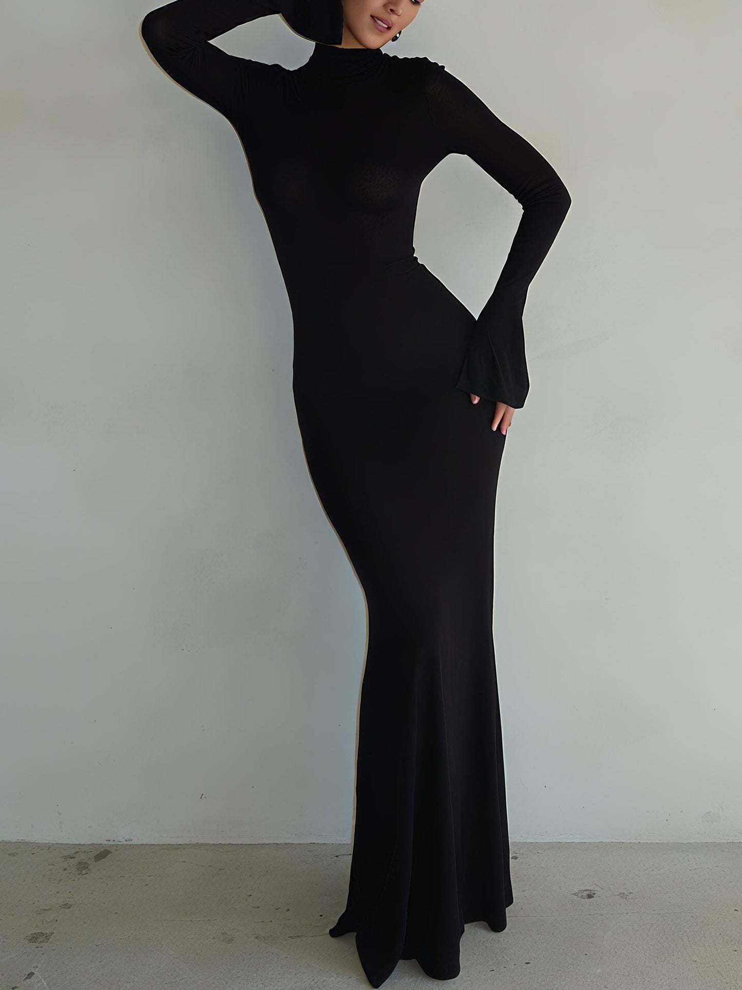 Stylish Black Long - Sleeve Open - Back Dress