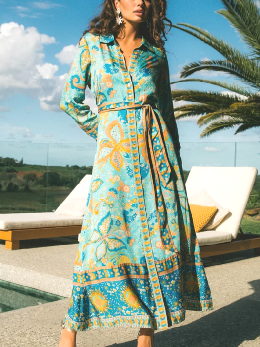 Blue Bohemian Floral Print Maxi Dress